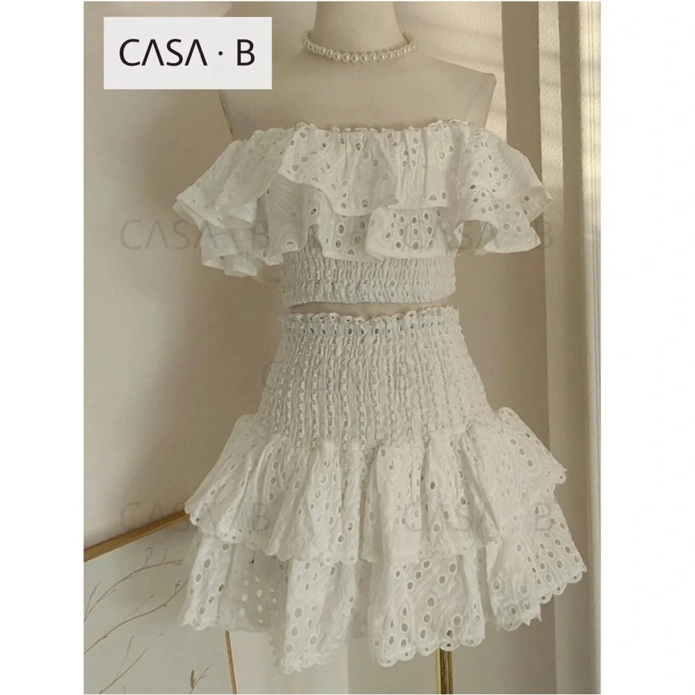 CASA B Florence Cotton Broderie Anglaise Off-Shoulder Ruffled Eyelet Set